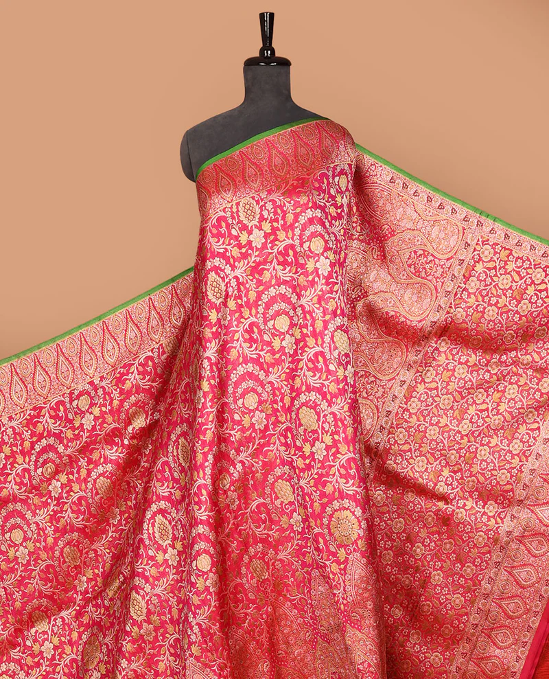 Rani Pink Banarasi Silk Saree with All-Over Floral Gold Zari Jaal & Green Piping